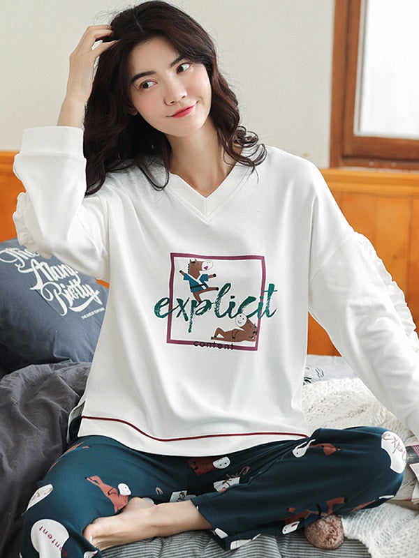 Cotton V-Neck Long Sleeve With Ruffle Printed Pajamas