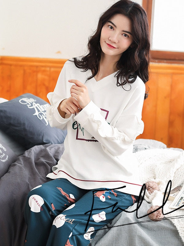 Cotton V-Neck Long Sleeve With Ruffle Printed Pajamas