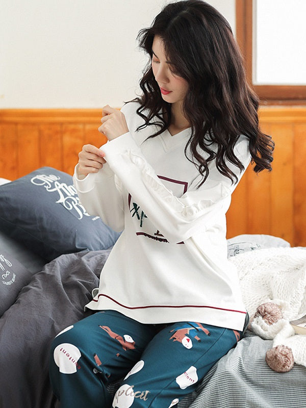 Cotton V-Neck Long Sleeve With Ruffle Printed Pajamas