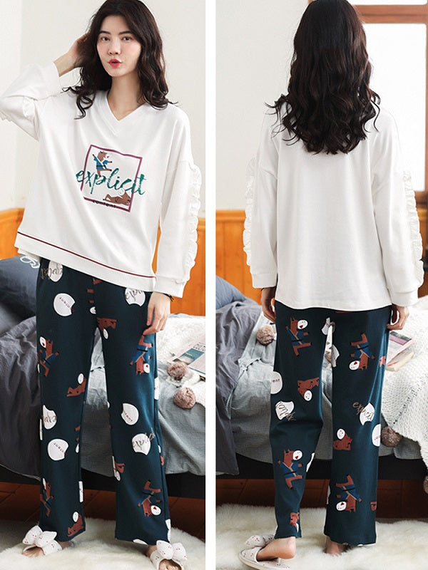 Cotton V-Neck Long Sleeve With Ruffle Printed Pajamas