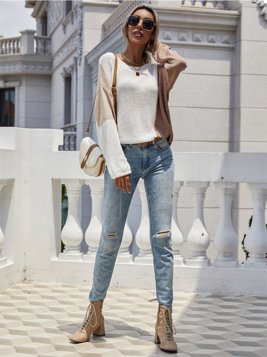 GRANIA Two Tone Color Block Knit Sweater - Cream