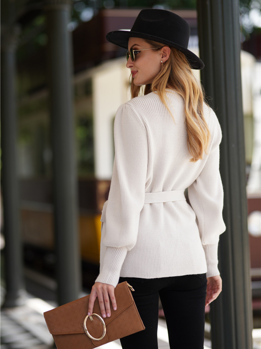 LEONORA Bishop Sleeve Knit Top - Cream
