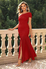 Elegant One Shoulder Sleeveless Ruched Bodycon Maxi Dress