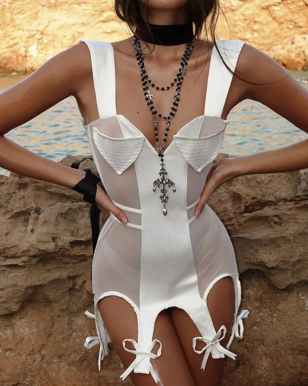 Deep V Neck Exclusive Design Corset Slip Bowknot Body Pocket Patchwork