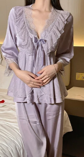 Deep V Sweet Lace Top Pants Lace Satin Home Sleepwear Set