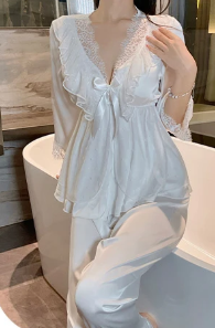 Deep V Sweet Lace Top Pants Lace Satin Home Sleepwear Set