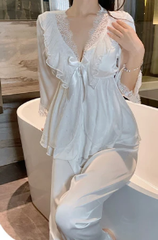 Deep V Sweet Lace Top Pants Lace Satin Home Sleepwear Set