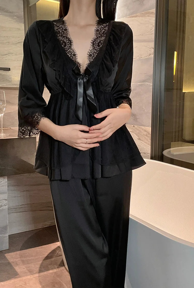 Deep V Sweet Lace Top Pants Lace Satin Home Sleepwear Set