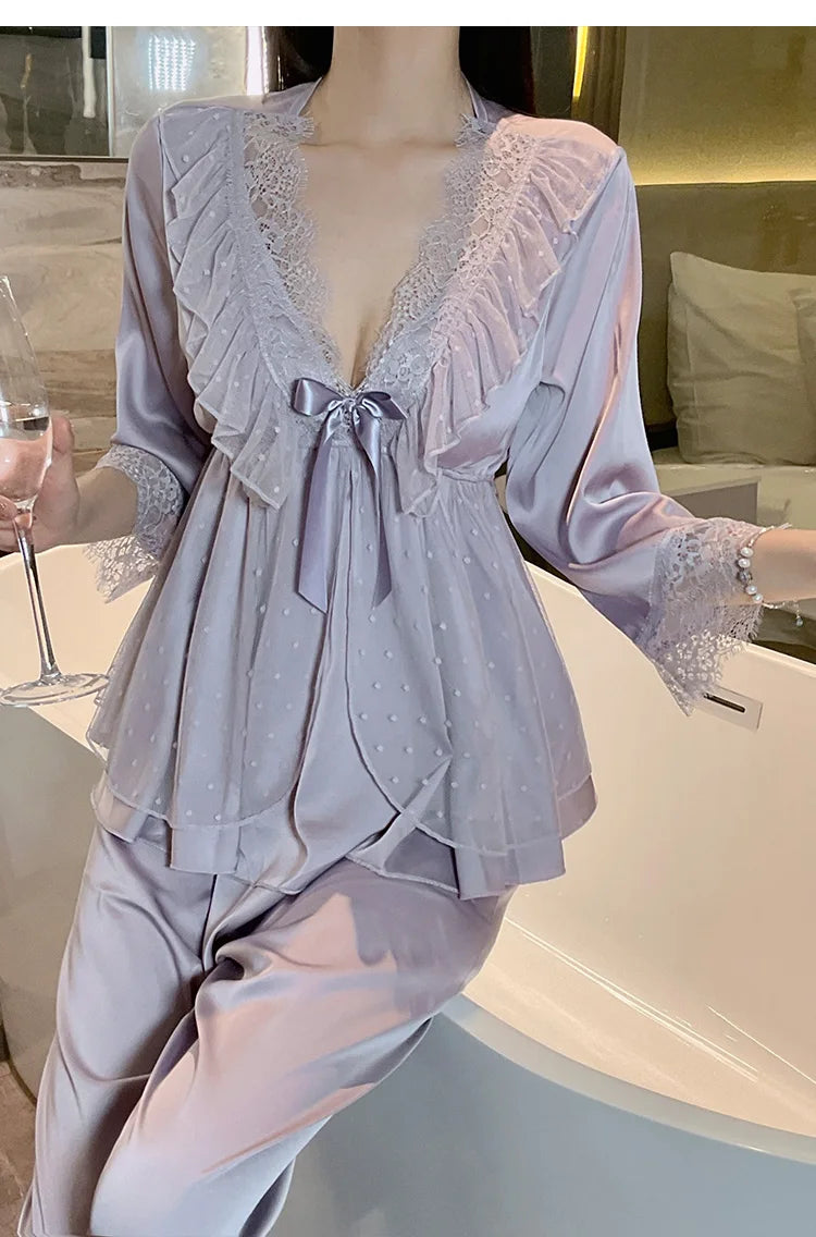 Deep V Sweet Lace Top Pants Lace Satin Home Sleepwear Set