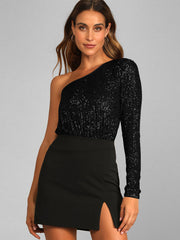 Janella Sequin One-Shoulder Bodysuit - Black