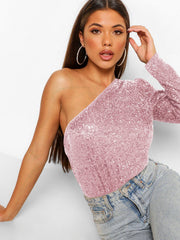 Janella Sequin One-Shoulder Bodysuit - Pink