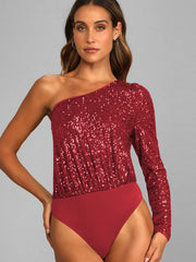 Janella Sequin One-Shoulder Bodysuit - Red