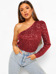 Janella Sequin One-Shoulder Bodysuit - Red