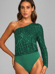 Janella Sequin One-Shoulder Bodysuit - Emerald
