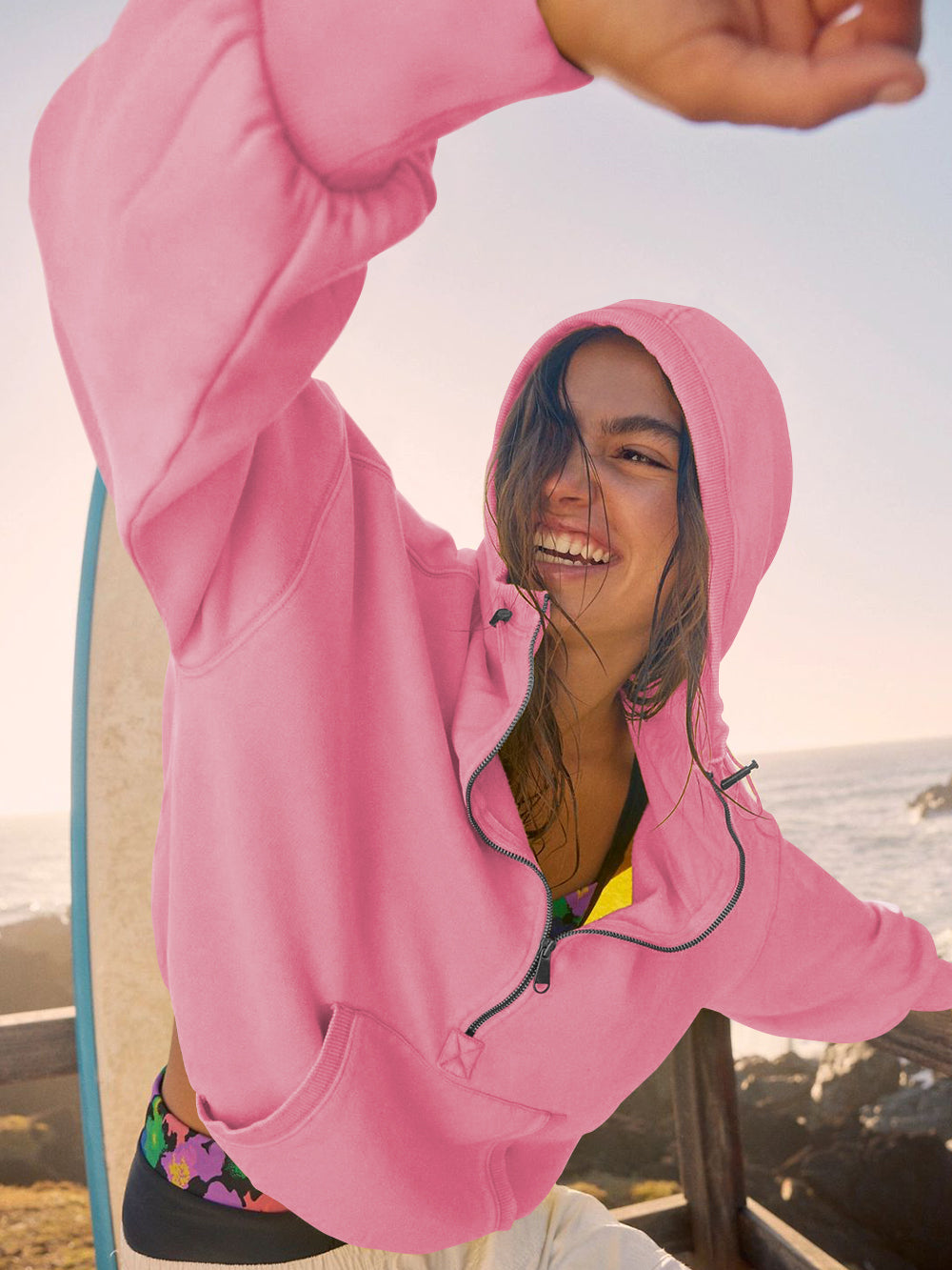 Fern Pocketed Hoodie Lightweight Jacket - Pink