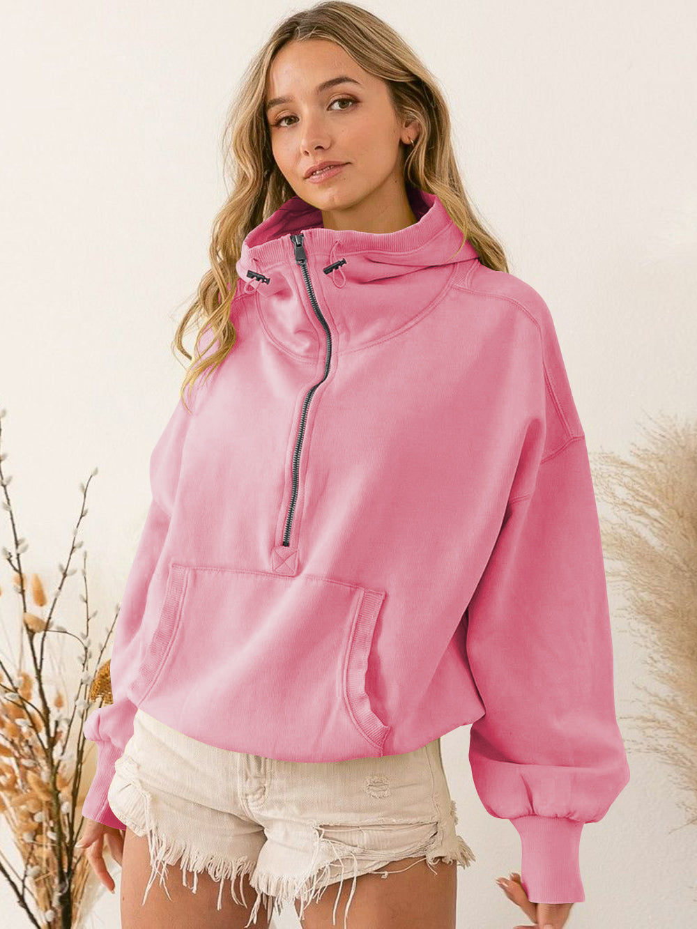 Fern Pocketed Hoodie Lightweight Jacket - Pink