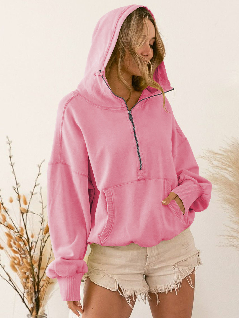 Fern Pocketed Hoodie Lightweight Jacket - Pink