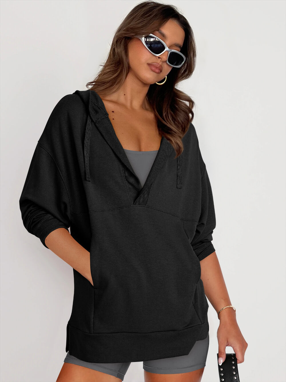 Forever Essential Pocketed Cotton Blend Hoodie - Black
