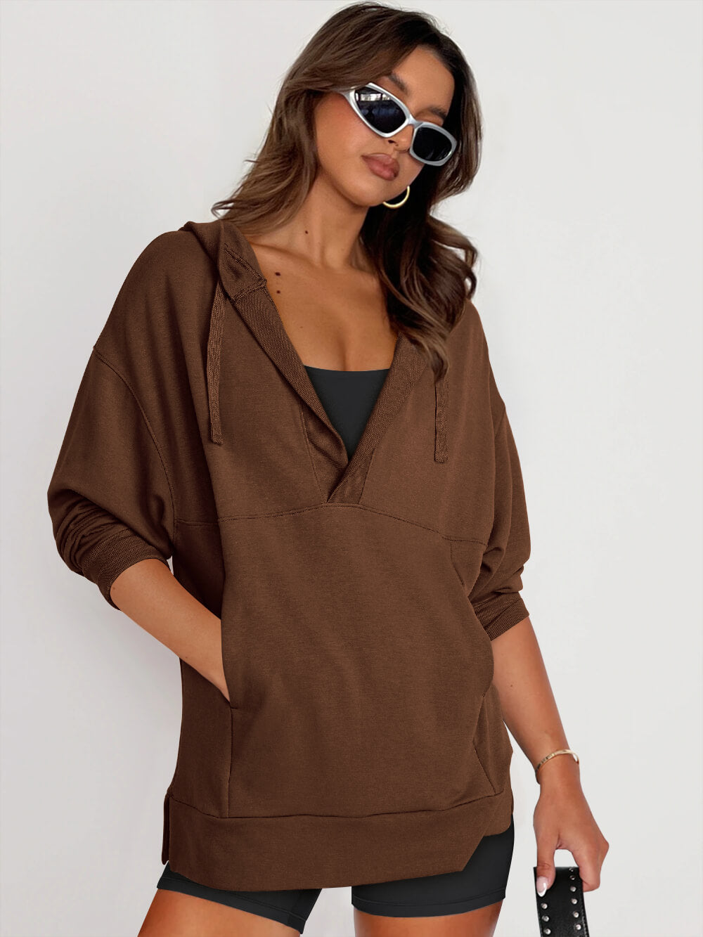 Forever Essential Pocketed Cotton Blend Hoodie - Coffee