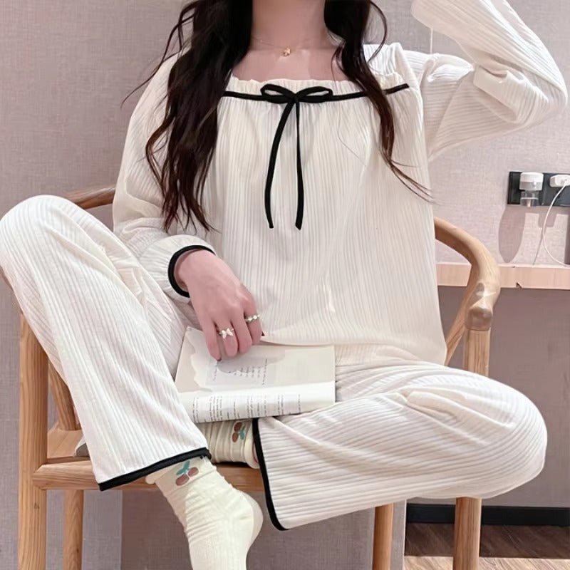 Elegance Square Collar Long Sleeve Solid 2 Pieces Pajamas Set