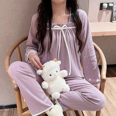 Elegance Square Collar Long Sleeve Solid 2 Pieces Pajamas Set