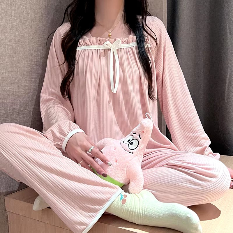 Elegance Square Collar Long Sleeve Solid 2 Pieces Pajamas Set