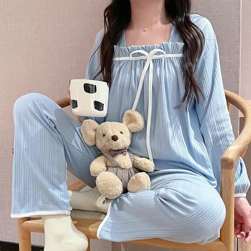 Elegance Square Collar Long Sleeve Solid 2 Pieces Pajamas Set