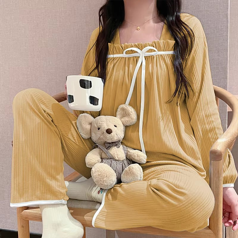 Elegance Square Collar Long Sleeve Solid 2 Pieces Pajamas Set