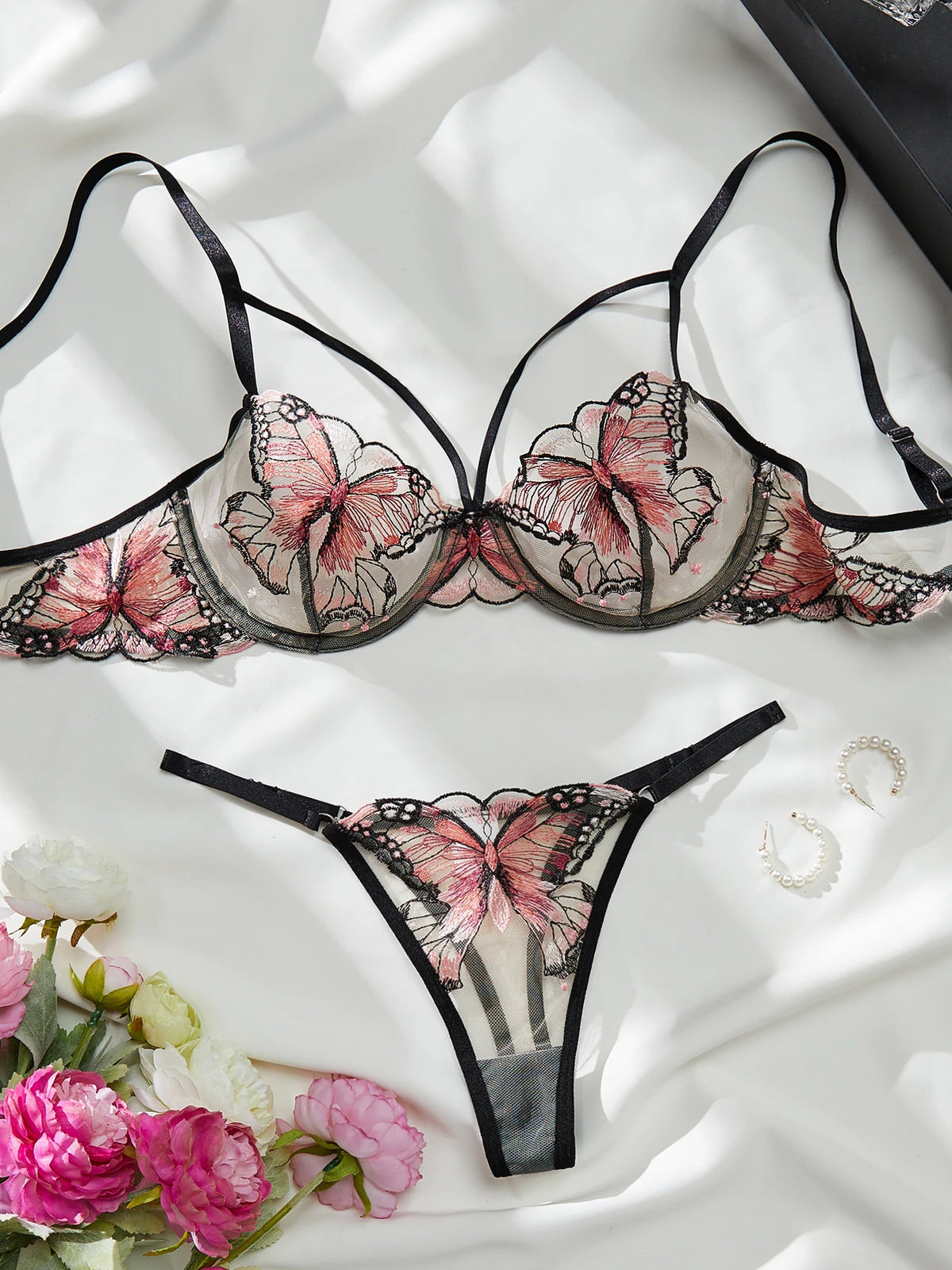 Elegant Bowknot See Through  Butterfly Bra Cute Intimate 2 Pieces Lingerie