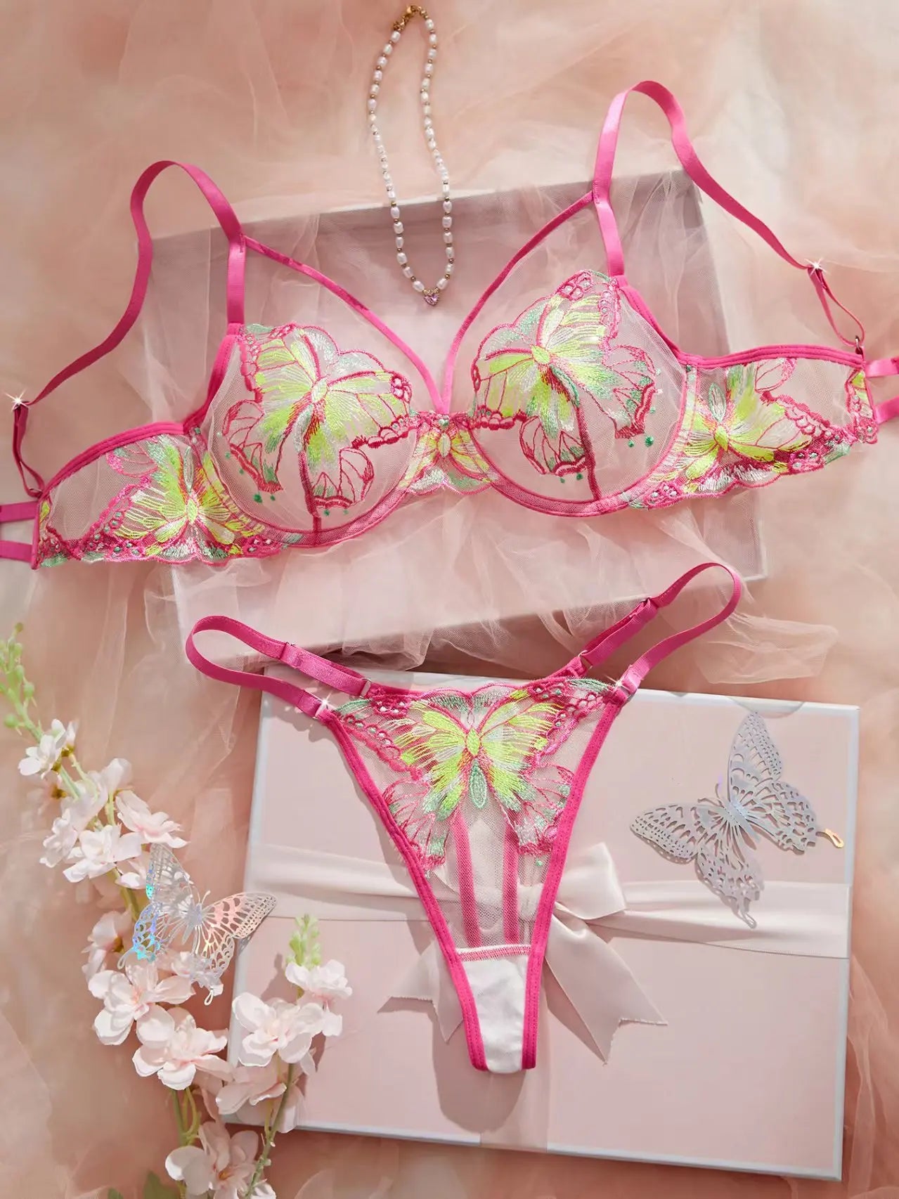 Elegant Bowknot See Through  Butterfly Bra Cute Intimate 2 Pieces Lingerie