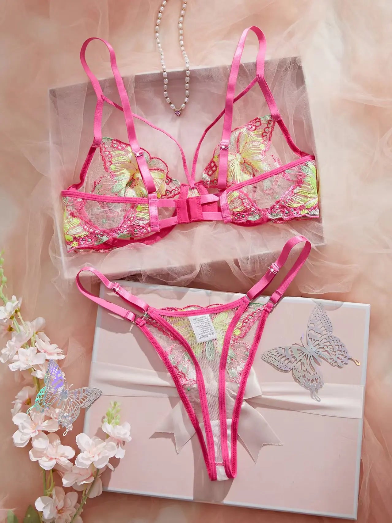 Elegant Bowknot See Through  Butterfly Bra Cute Intimate 2 Pieces Lingerie