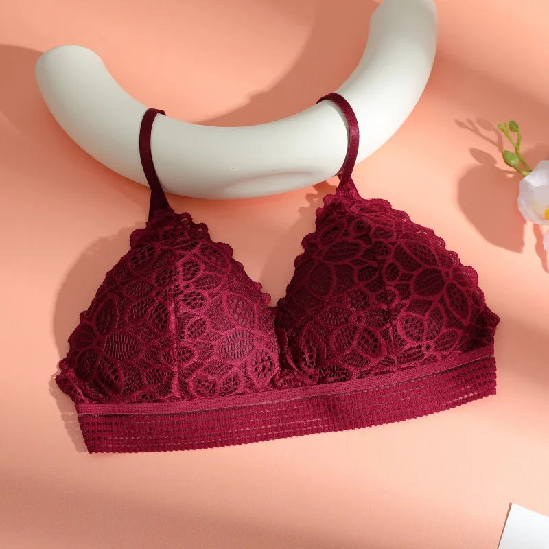 Elegant Brassiere Wireless Elastic Push Up Lace Rose Bra Set