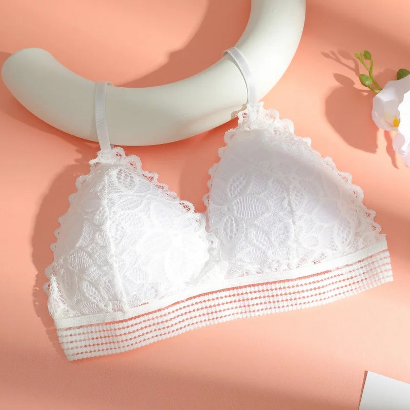 Elegant Brassiere Wireless Elastic Push Up Lace Rose Bra Set
