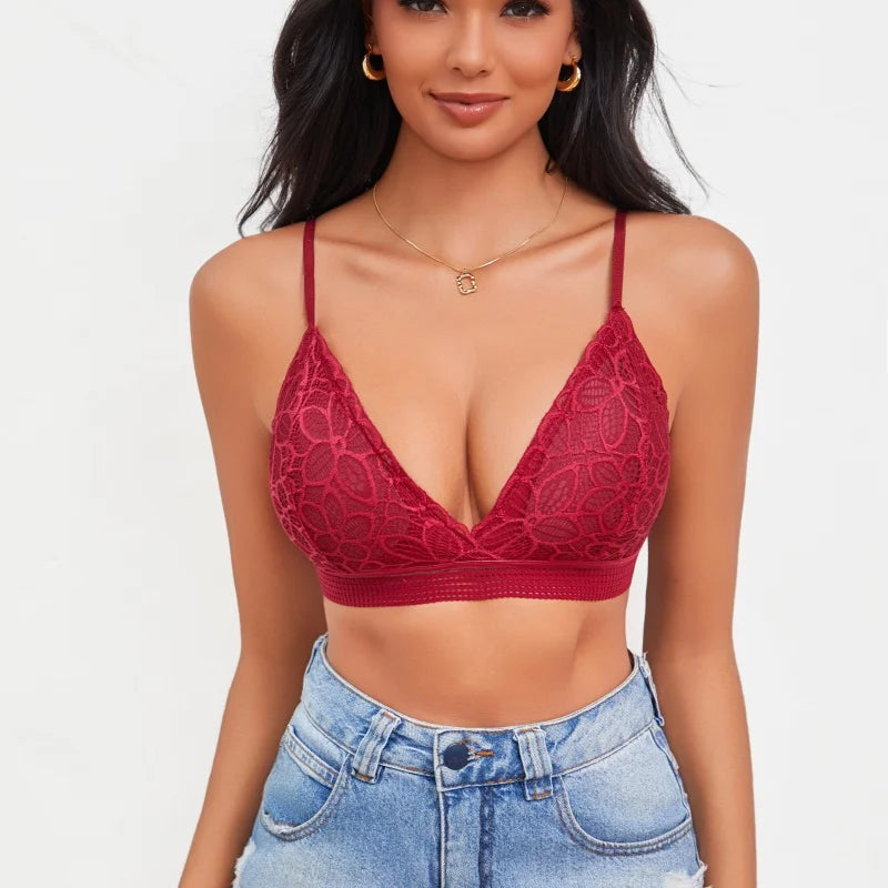 Elegant Brassiere Wireless Elastic Push Up Lace Rose Bra Set