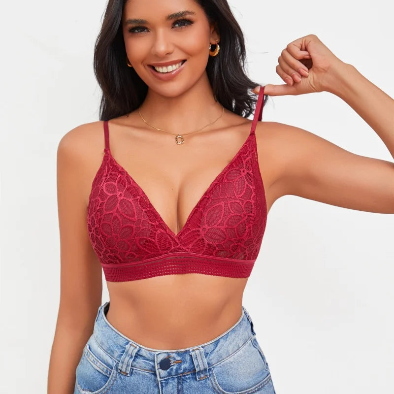 Elegant Brassiere Wireless Elastic Push Up Lace Rose Bra Set