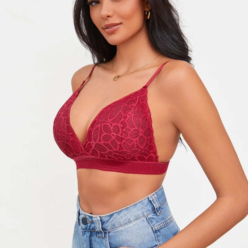 Elegant Brassiere Wireless Elastic Push Up Lace Rose Bra Set