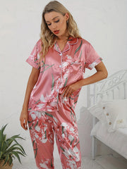 Elegant Comfort Short Sleeve Button Lapel Floral Print Satin Pajama Set