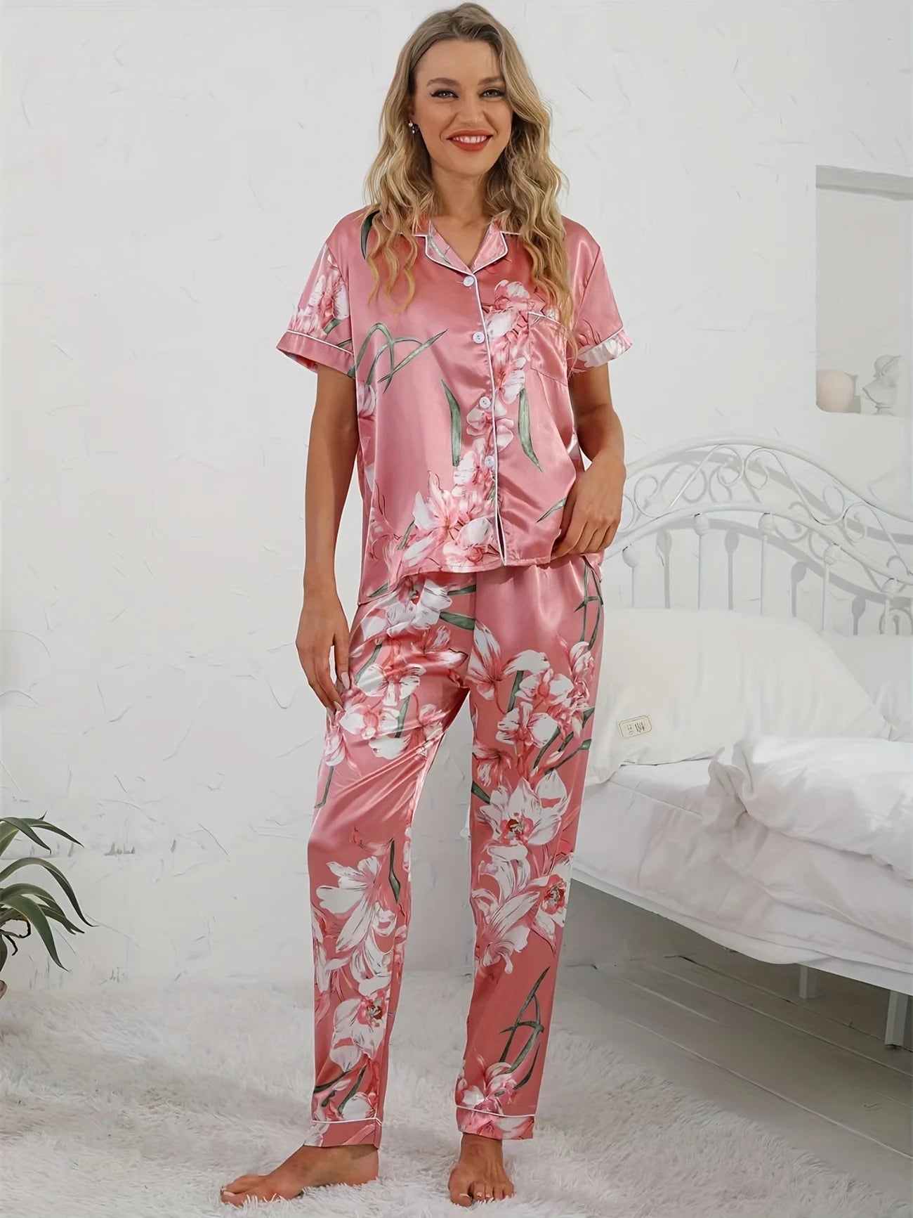 Elegant Comfort Short Sleeve Button Lapel Floral Print Satin Pajama Set
