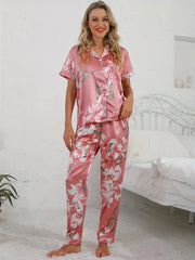 Elegant Comfort Short Sleeve Button Lapel Floral Print Satin Pajama Set