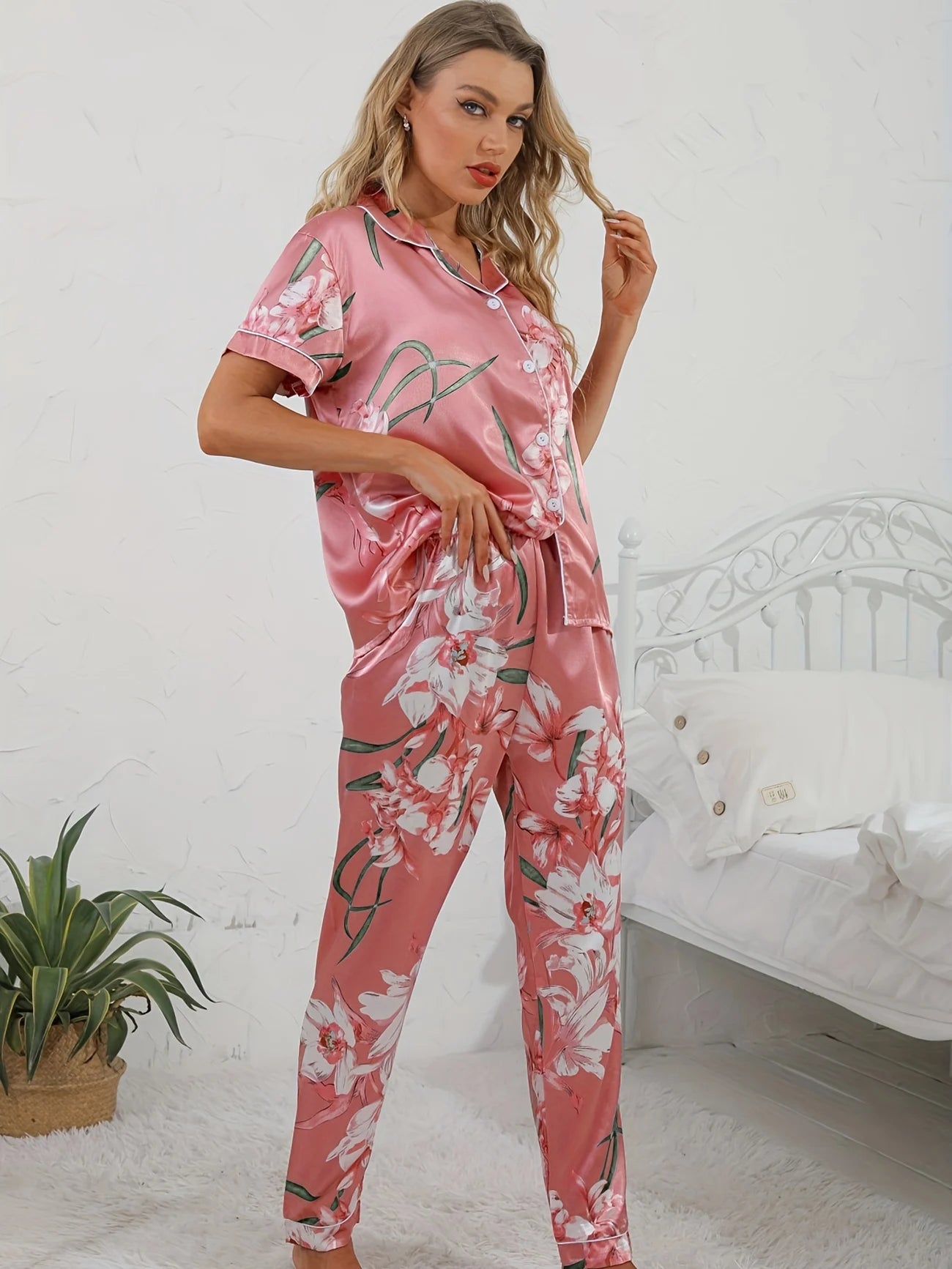 Elegant Comfort Short Sleeve Button Lapel Floral Print Satin Pajama Set