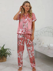 Elegant Comfort Short Sleeve Button Lapel Floral Print Satin Pajama Set