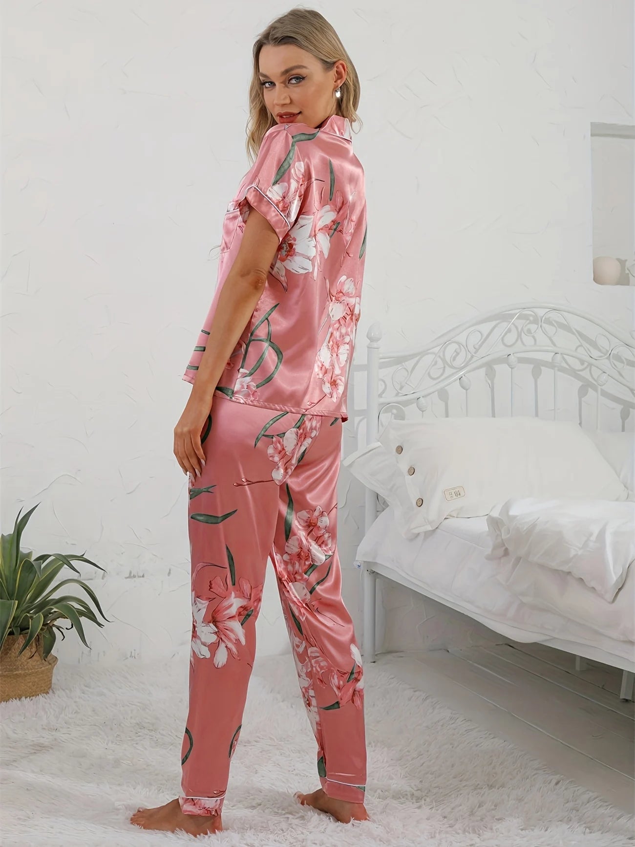 Elegant Comfort Short Sleeve Button Lapel Floral Print Satin Pajama Set
