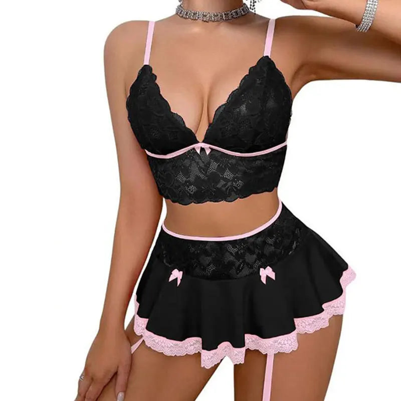Elegant Cosplay Uniform Open Bra Fantasy Miniskirt Lingеrie Set