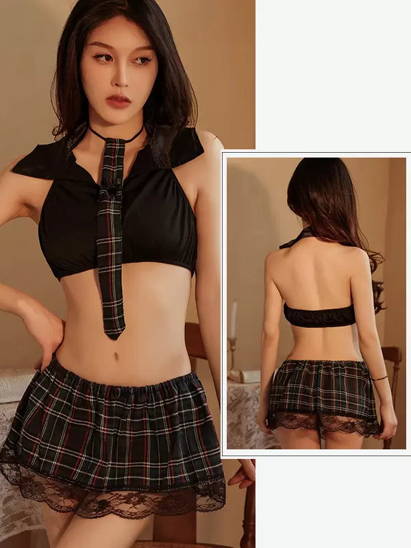 Elegant Costume Plaid Top Skirt Cravat T-back Four Pieces Set