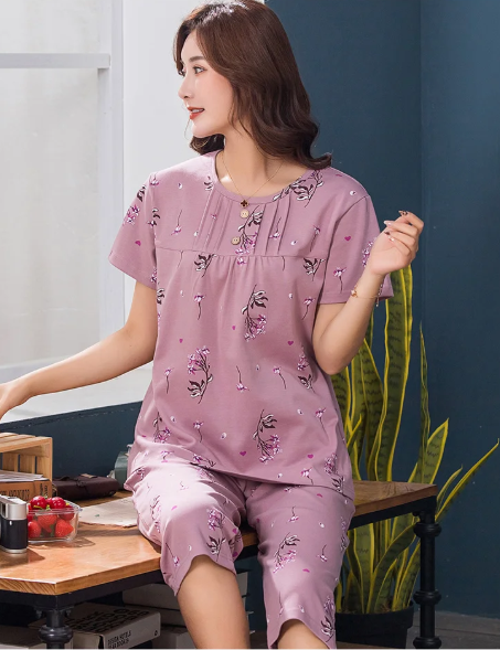 Elegant Cotton Print Short Sleeve Top Elastic Waist Cropped 2 Pieces Set
