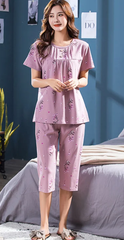 Elegant Cotton Print Short Sleeve Top Elastic Waist Cropped 2 Pieces Set