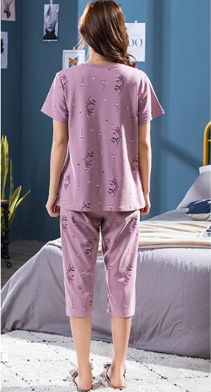 Elegant Cotton Print Short Sleeve Top Elastic Waist Cropped 2 Pieces Set