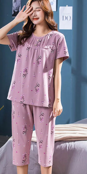 Elegant Cotton Print Short Sleeve Top Elastic Waist Cropped 2 Pieces Set