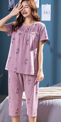 Elegant Cotton Print Short Sleeve Top Elastic Waist Cropped 2 Pieces Set