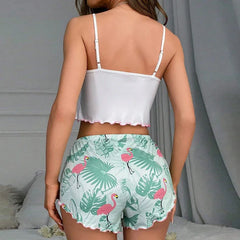 Elegant Cute Cartoon Flamingo Print Sleeveless V-Neck Pajamas Set